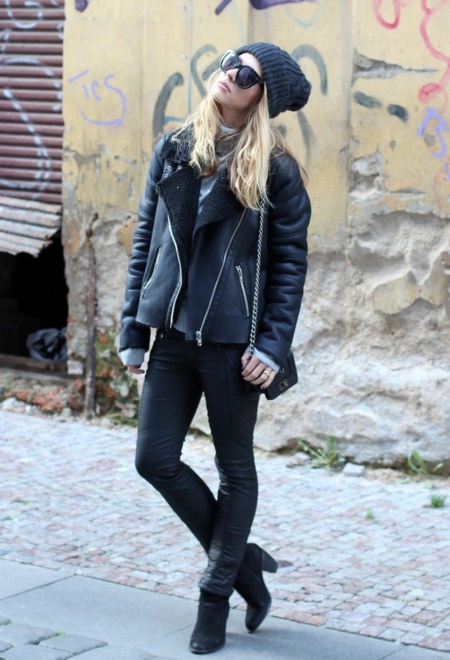 All Black Outfit Idea with Shearling Jacket