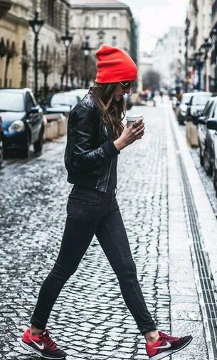 All Black Outfit with A Red Hat