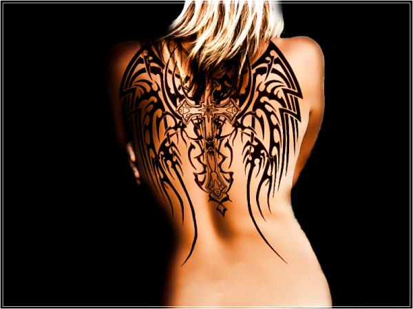 Angel Cross Wings Tattoo on Back