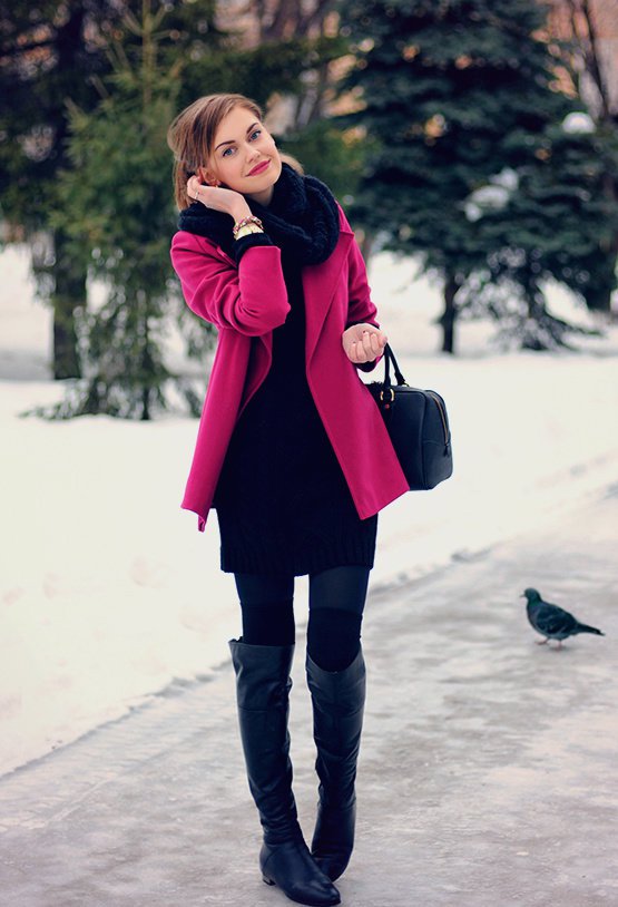 Black Winter Dress with Red Coat