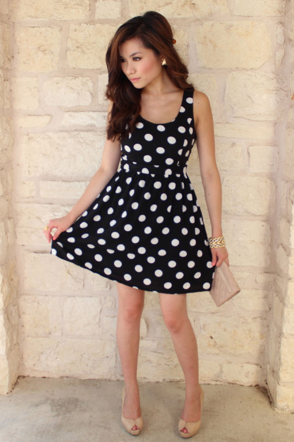 Black-and-white polka dot dress