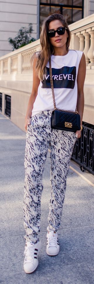 Black-and-white tank and black-and-white pants