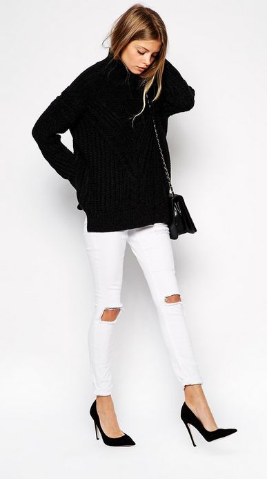 Black sweater with white distressed jeans