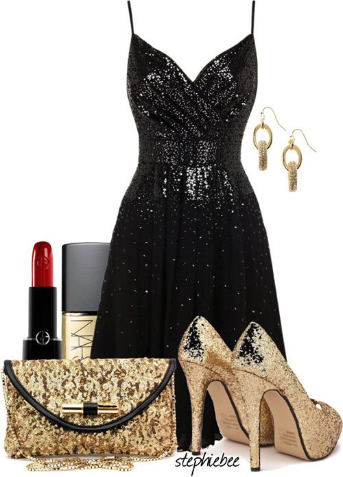 Chic Black and Golden Outfit Idea for New Year Party