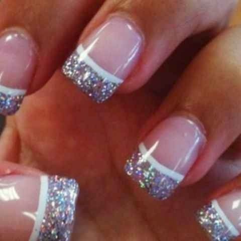 French manicure with silver sparkles on the tips 