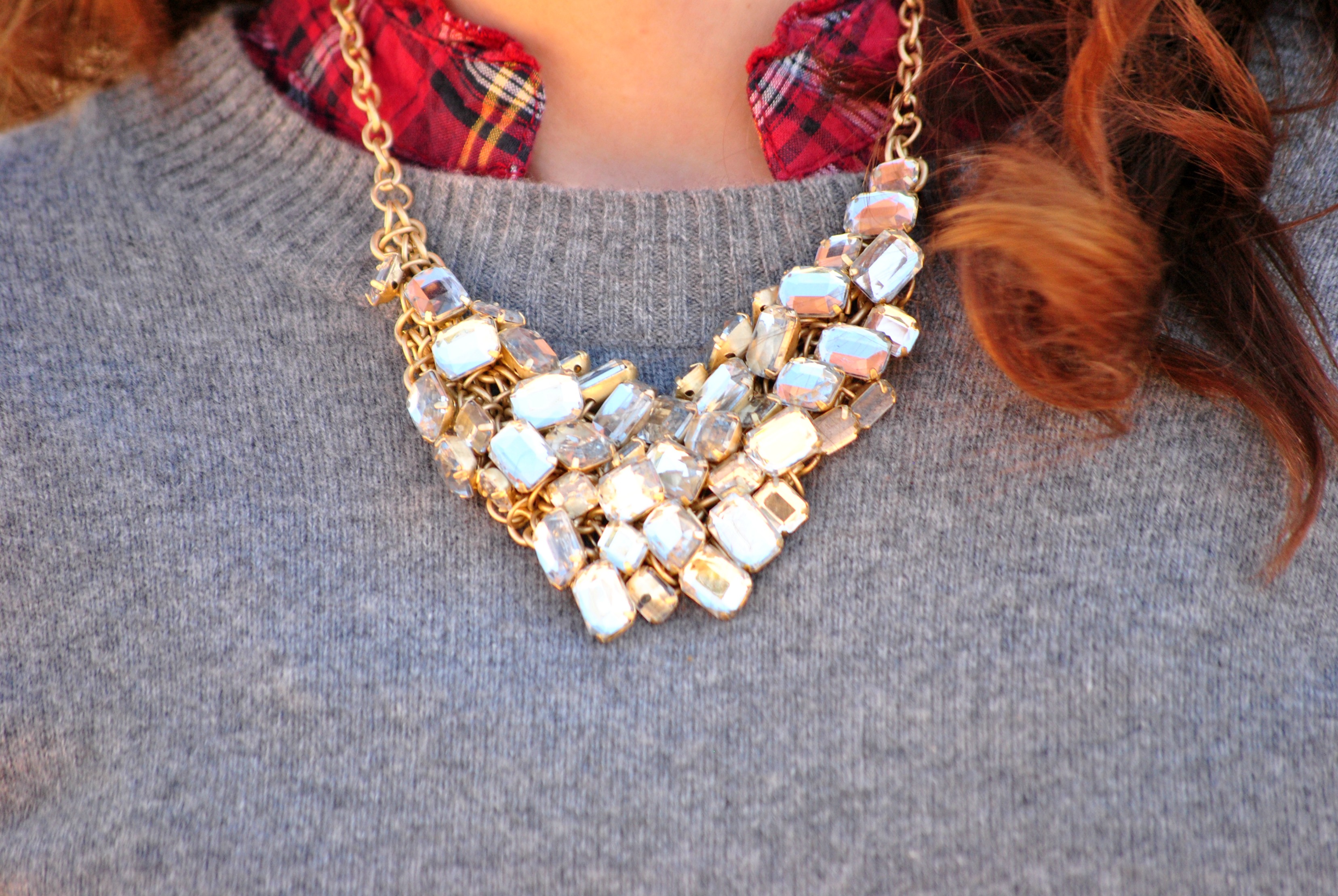 Grey sweater and statement necklace