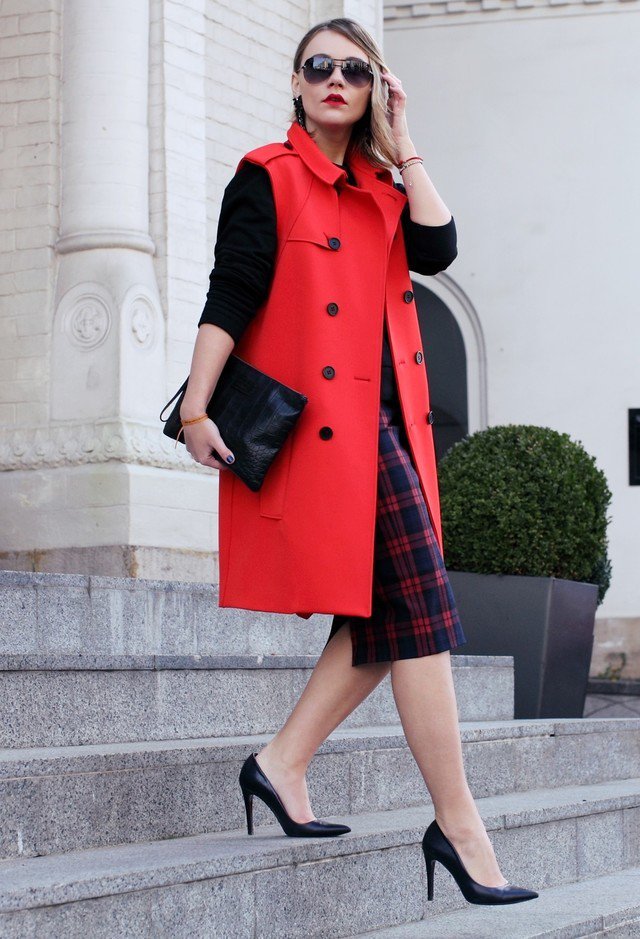 Red Coat and Tartan Skirt