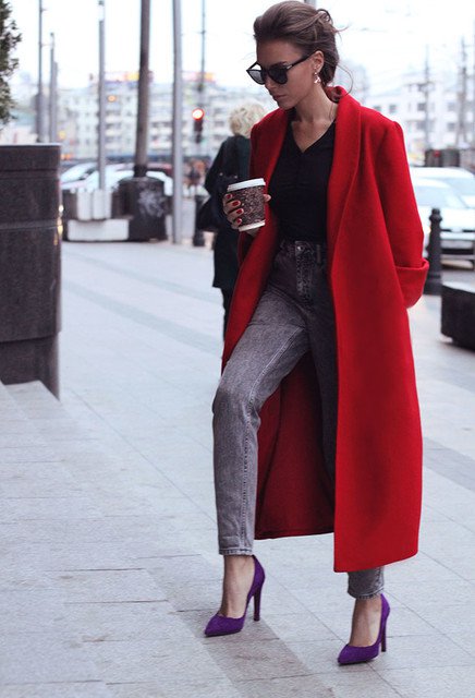 Red Coat with High-waisted Jeans