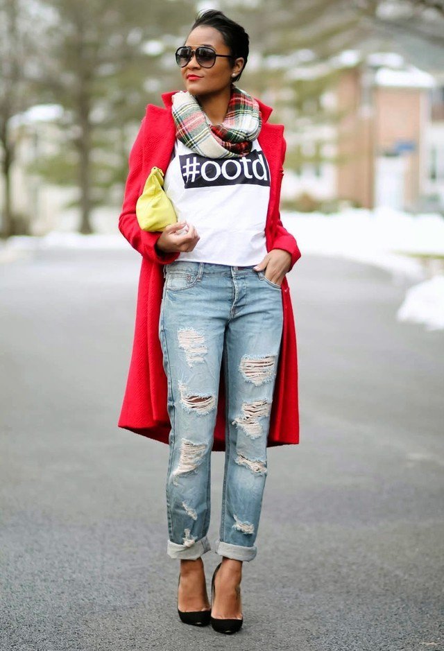 Red Coat with Ripped Jeans for 2015