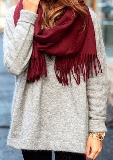 Red scarf, grey oversized sweater and black leggings combination for winter