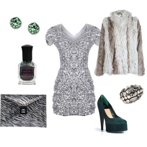 Silver Sequined Dress Outfit with Fur Coat