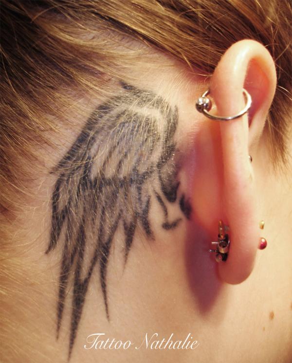 Small Angel Wings Tattoo Behind Ear