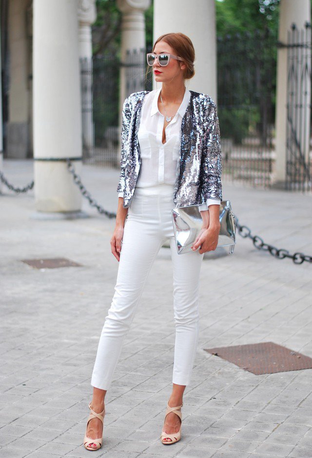 Stylish White Outfit Idea with Silver Coat