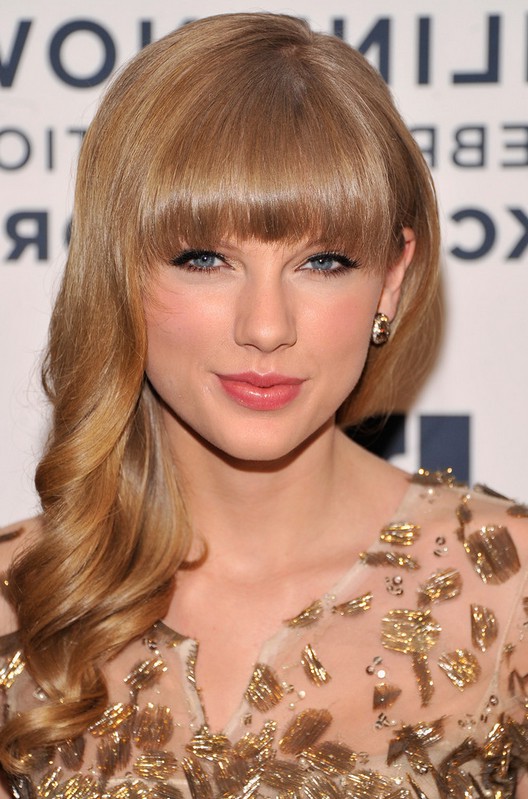 Taylor Swift Romantic Long Blonde Curly Hairstyle with Bangs for Wedding
