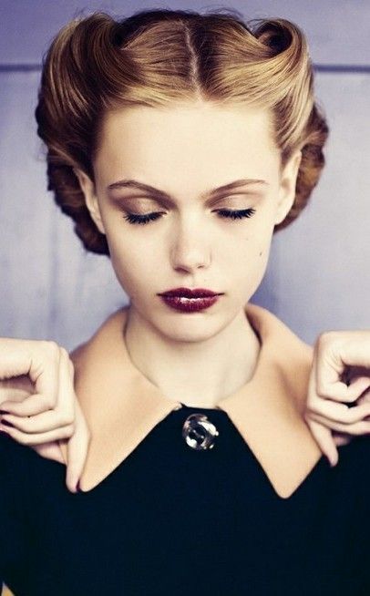 Vintage Updo Hairstyle with Dark Berry Lips