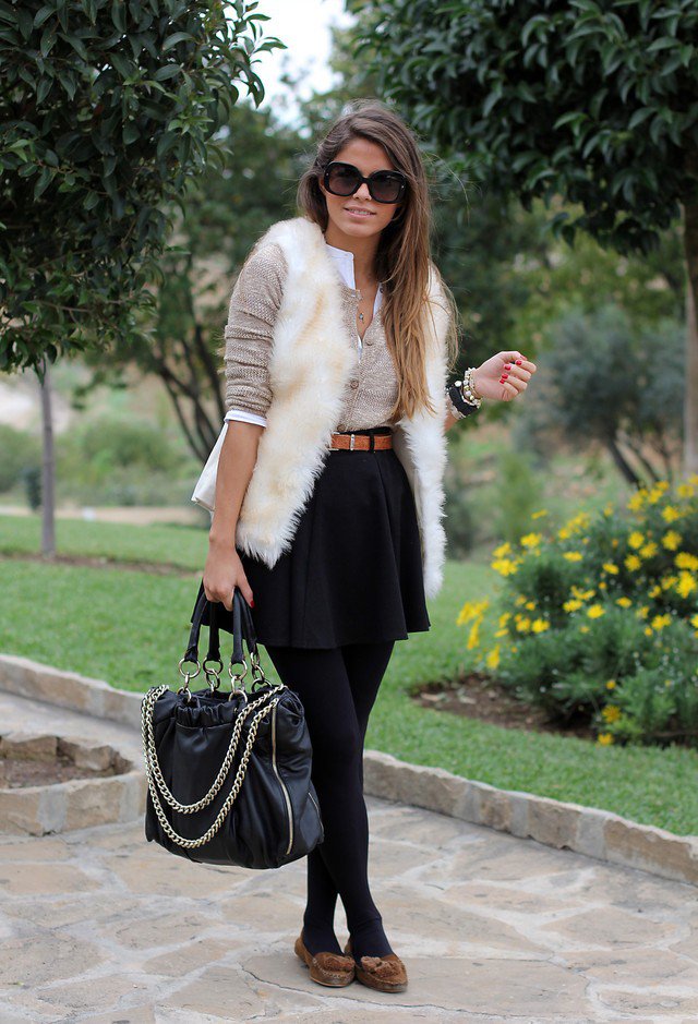 White Fur Coat with Black Skirt