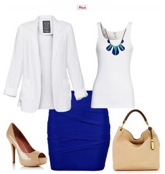 White and Royal Blue Outfit Look, White Suit, Royal Blue Pencil Dress and Nude Pumps