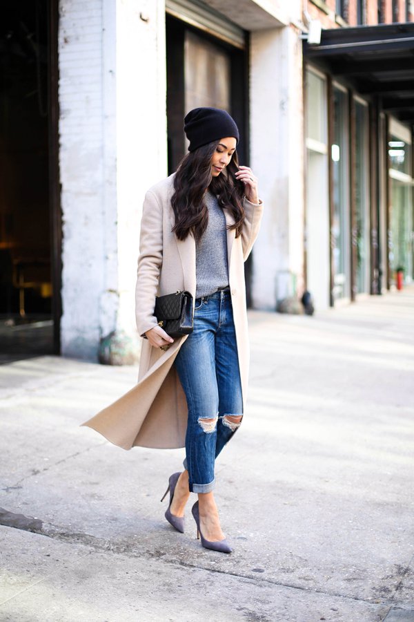 Ripped Jeans with Long Coat for Women