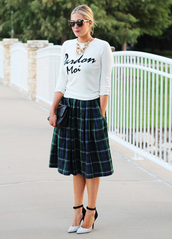 Green Checkered Midi Skirt Outfit